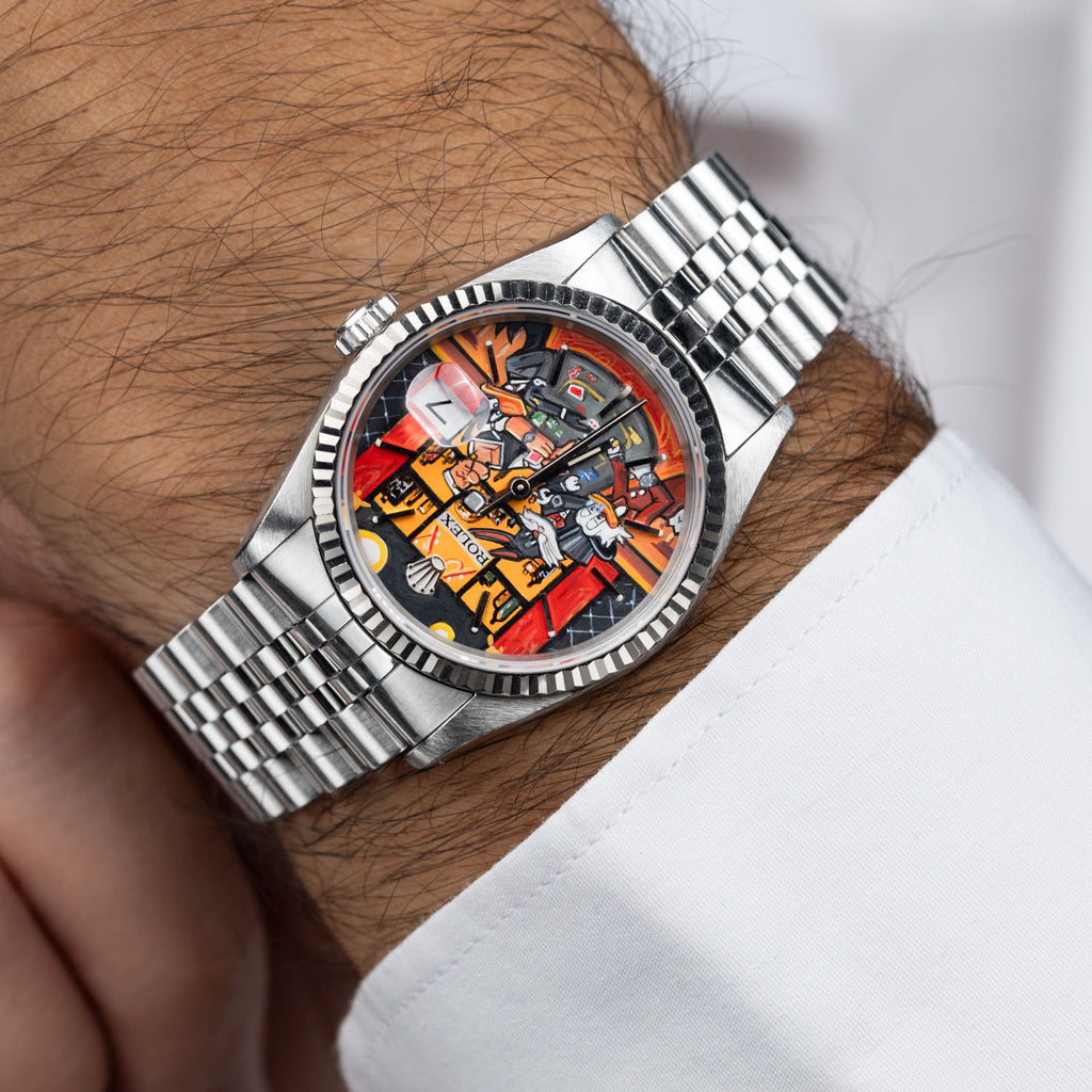 Late Night at the Bellagio Concept – Hand-painted custom Rolex Datejust 16234 featuring vibrant casino gaming artwork, a bespoke timepiece by IFL Watches