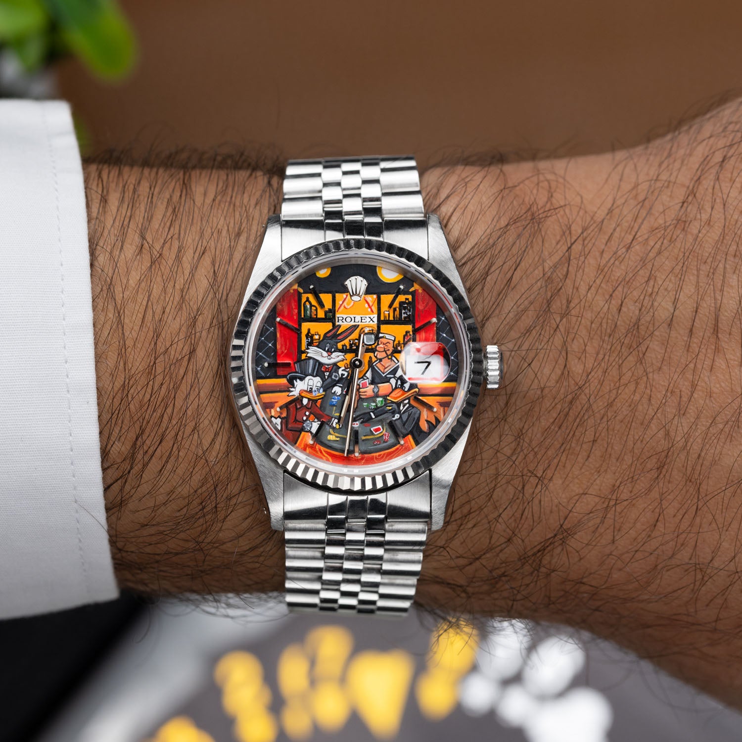 Late Night at the Bellagio Concept – Hand-painted custom Rolex Datejust 16234 featuring vibrant casino gaming artwork, a bespoke timepiece by IFL Watches