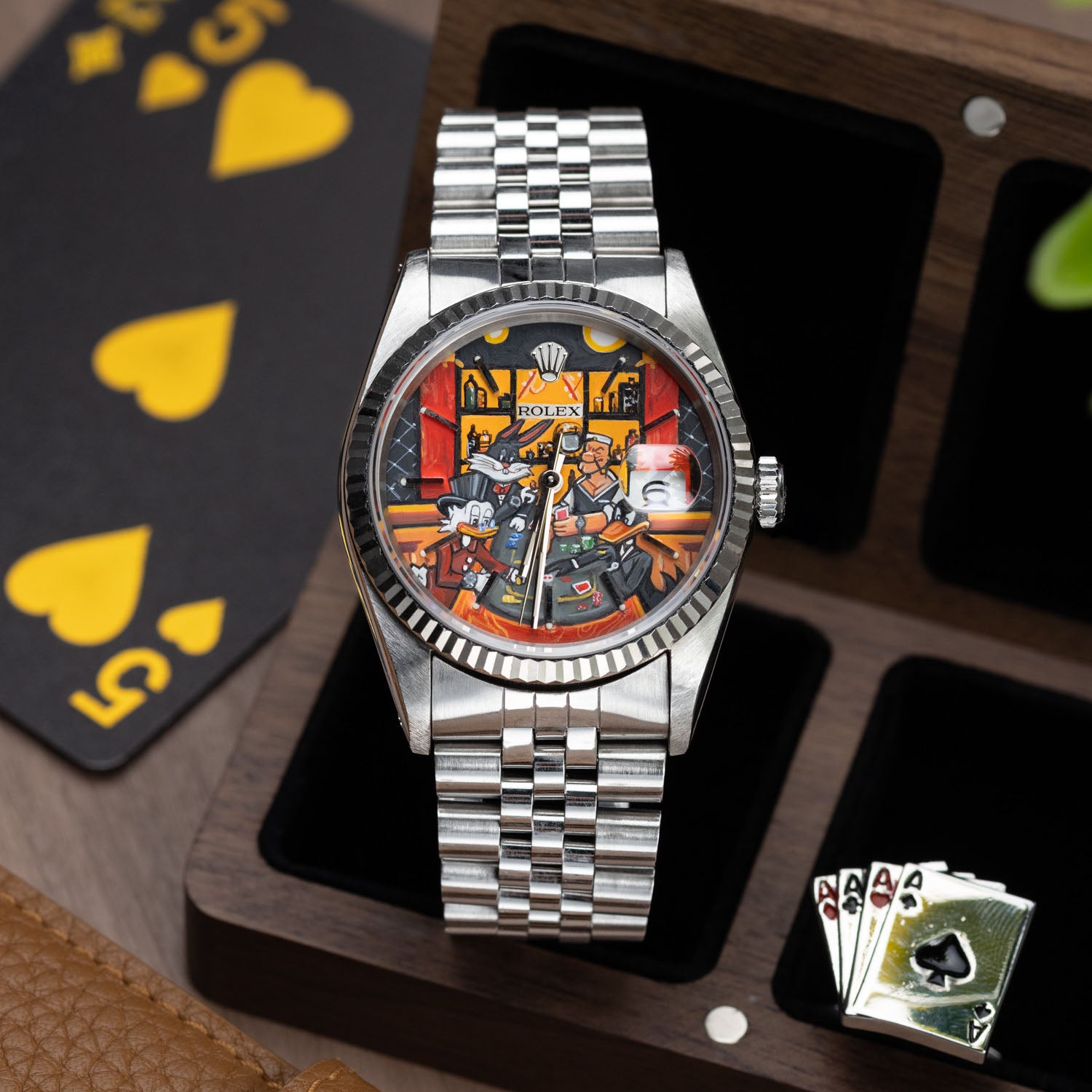 Late Night at the Bellagio Concept – Hand-painted custom Rolex Datejust 16234 featuring vibrant casino gaming artwork, a bespoke timepiece by IFL Watches