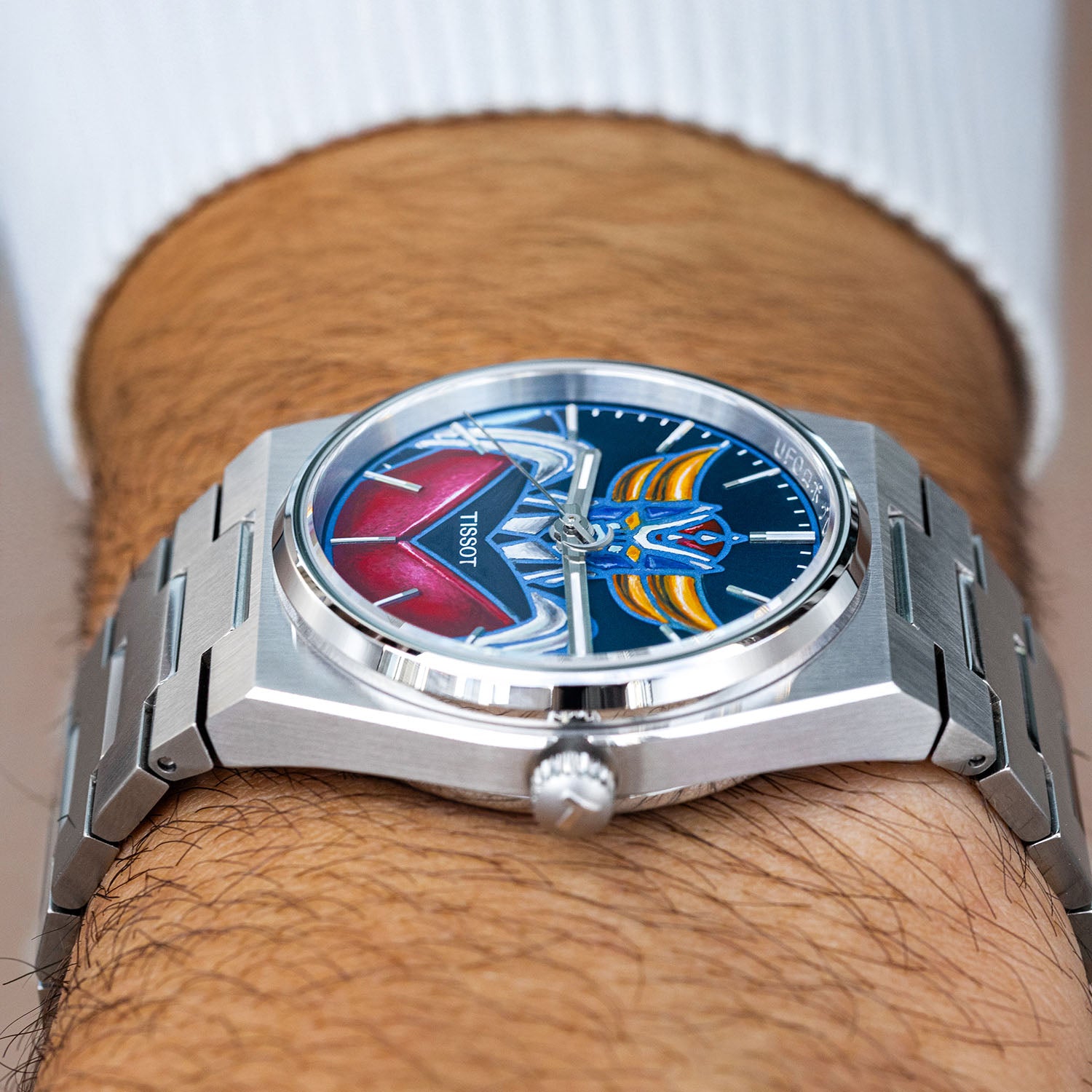 Tissot PRX Grendizer Concept – hand-painted custom Tissot PRX with vibrant Grendizer artwork by IFL Watches, 40mm stainless steel case, and Powermatic 80 movement