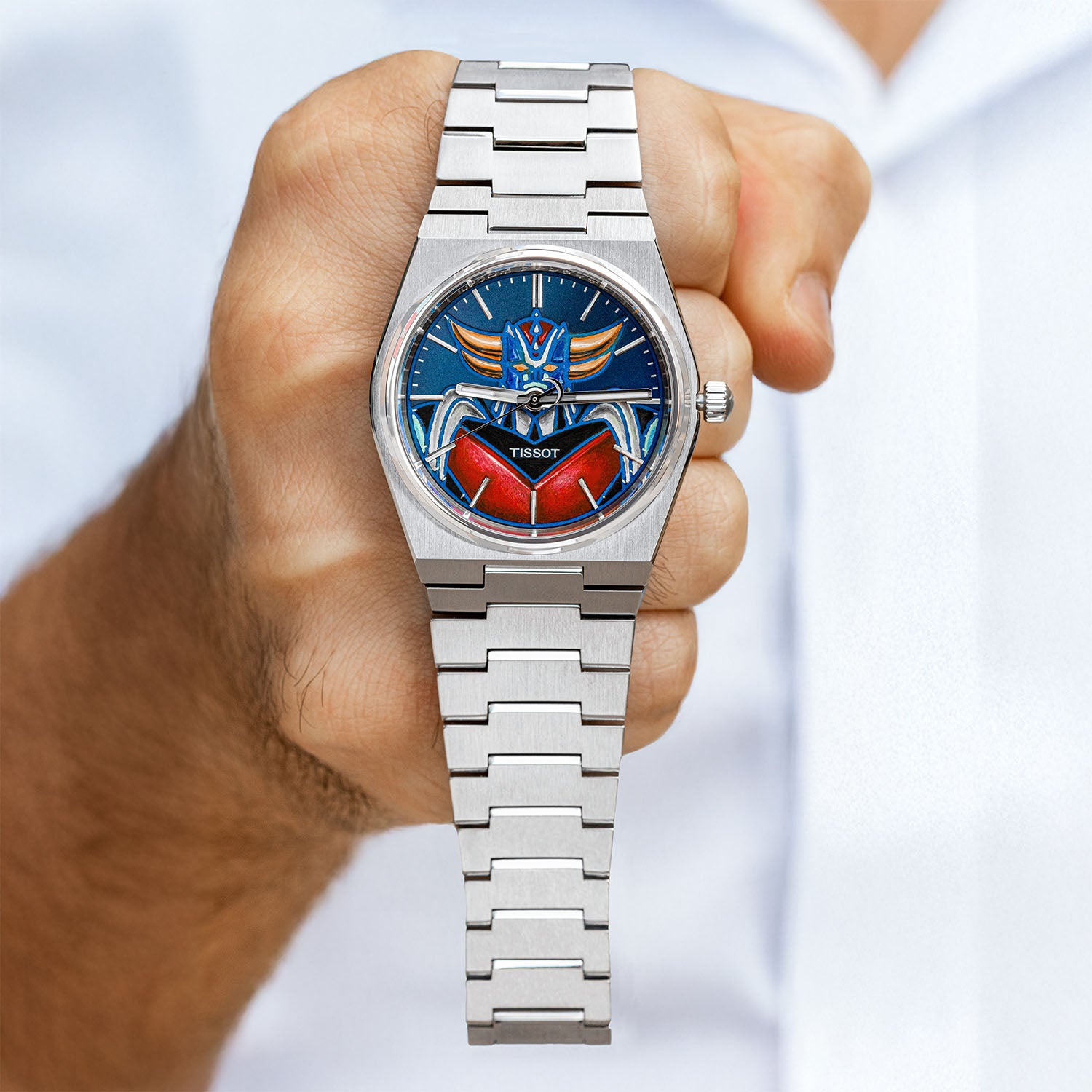 Tissot PRX Grendizer Concept – hand-painted custom Tissot PRX with vibrant Grendizer artwork by IFL Watches, 40mm stainless steel case, and Powermatic 80 movement