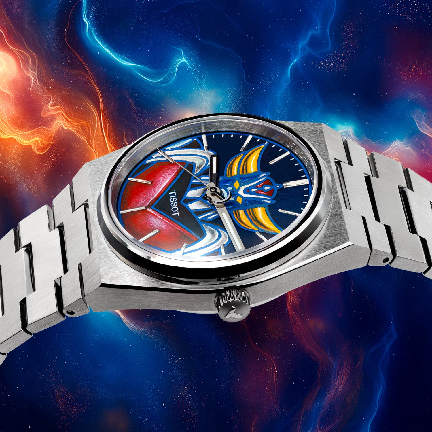 Tissot PRX Grendizer Concept – hand-painted custom Tissot PRX with vibrant Grendizer artwork by IFL Watches, 40mm stainless steel case, and Powermatic 80 movement