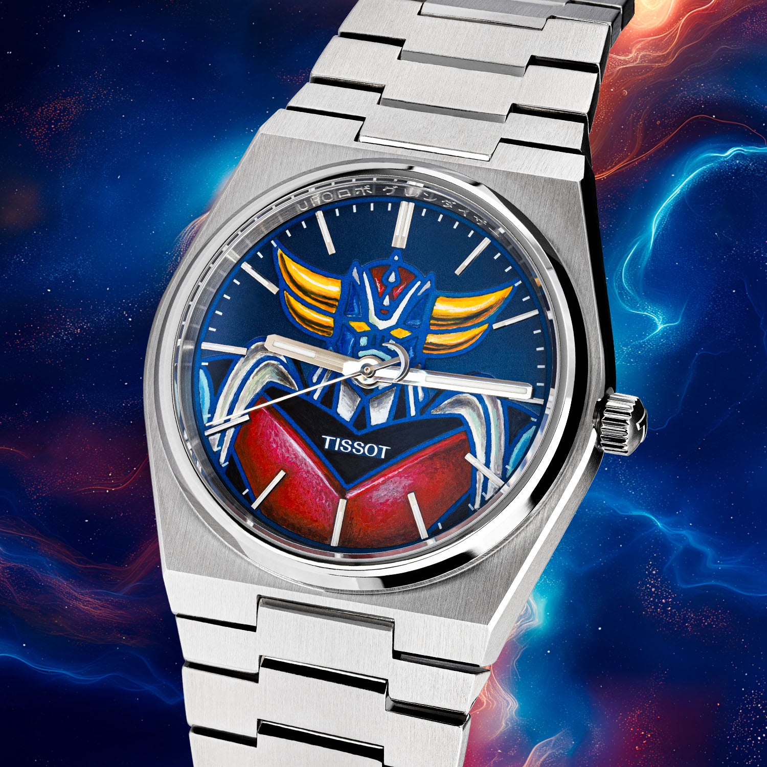 Tissot PRX Grendizer Concept – hand-painted custom Tissot PRX with vibrant Grendizer artwork by IFL Watches, 40mm stainless steel case, and Powermatic 80 movement