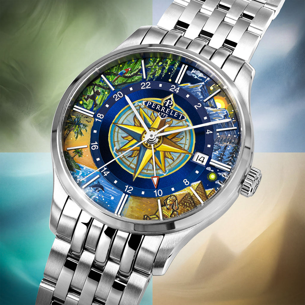 Perrelet Weekend GMT Atlas — hand-painted dial with a central compass rose ringed by wonders of the world on a 39mm stainless steel case and bracelet, limited edition timepiece by IFL Watches.