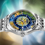 Perrelet Weekend GMT Atlas — dramatic side view of the painted dial and signed crown, the red 24-hour hand crossing the compass rose, limited edition timepiece by IFL Watches.