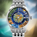 Perrelet Weekend GMT Atlas — hand-painted dial with a central compass rose ringed by wonders of the world on a 39mm stainless steel case and bracelet, limited edition timepiece by IFL Watches.