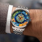 Perrelet Weekend GMT Atlas on the wrist — hand-painted world dial worn with a tailored sleeve in daylight, limited edition timepiece by IFL Watches.