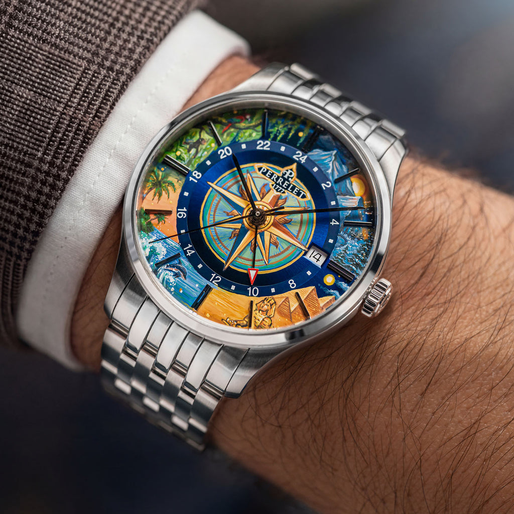 Perrelet Weekend GMT Atlas on the wrist — close tilted view of the compass rose and red second-time-zone hand, limited edition timepiece by IFL Watches.