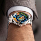 Perrelet Weekend GMT Atlas on the wrist — side profile showing the slim 39mm steel case and signed crown, limited edition timepiece by IFL Watches.