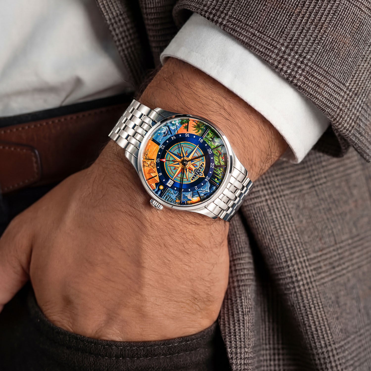 Perrelet Weekend GMT Atlas on the wrist — top-down view of the painted travel dial beside a leather bag, limited edition timepiece by IFL Watches.