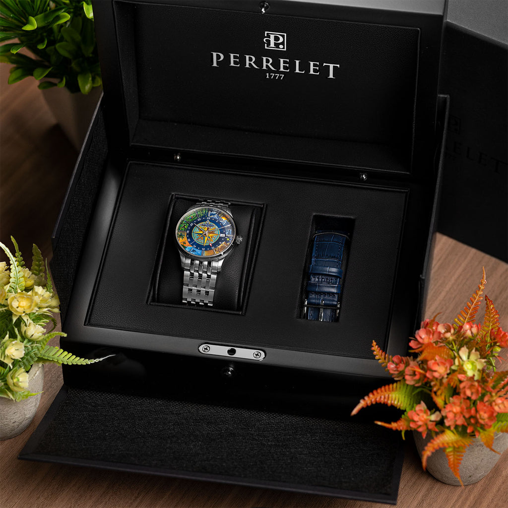 Perrelet Weekend GMT Atlas presentation set — the watch on its steel bracelet beside the included blue leather strap in the Perrelet box, limited edition timepiece by IFL Watches.