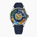 Perrelet Weekend GMT Atlas on a blue leather strap — the hand-painted compass dial ringed by the wonders of the world, limited edition timepiece by IFL Watches.