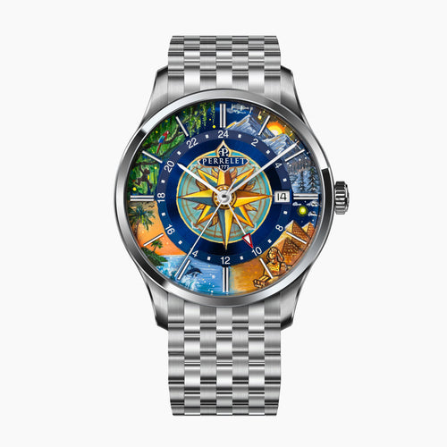 Perrelet Weekend GMT Atlas — hand-painted dial with a central compass rose ringed by wonders of the world on a 39mm stainless steel case and bracelet, limited edition timepiece by IFL Watches.