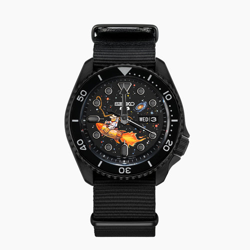 Space Cowboy Concept – Hand-painted custom Seiko 5 Sports featuring cosmic cowboy riding rocket through space, bespoke timepiece by IFL Watches