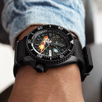 Space Cowboy Concept – Hand-painted custom Seiko 5 Sports featuring cosmic cowboy riding rocket through space, bespoke timepiece by IFL Watches