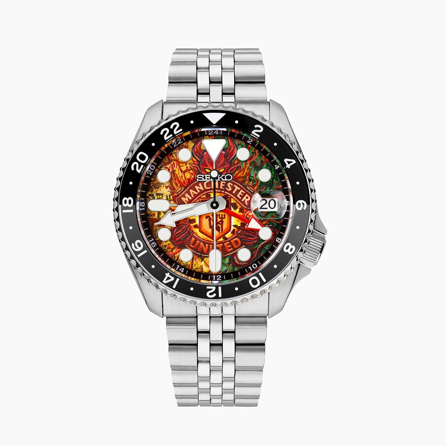 The Red Devils Concept — hand-painted custom GMT automatic featuring a fiery football crest with red and golden flames, heritage green colors, and a devil rising through the fire on a 42.5mm stainless steel case with black 24-hour bezel and jubilee-style bracelet, a bespoke timepiece by IFL Watches.