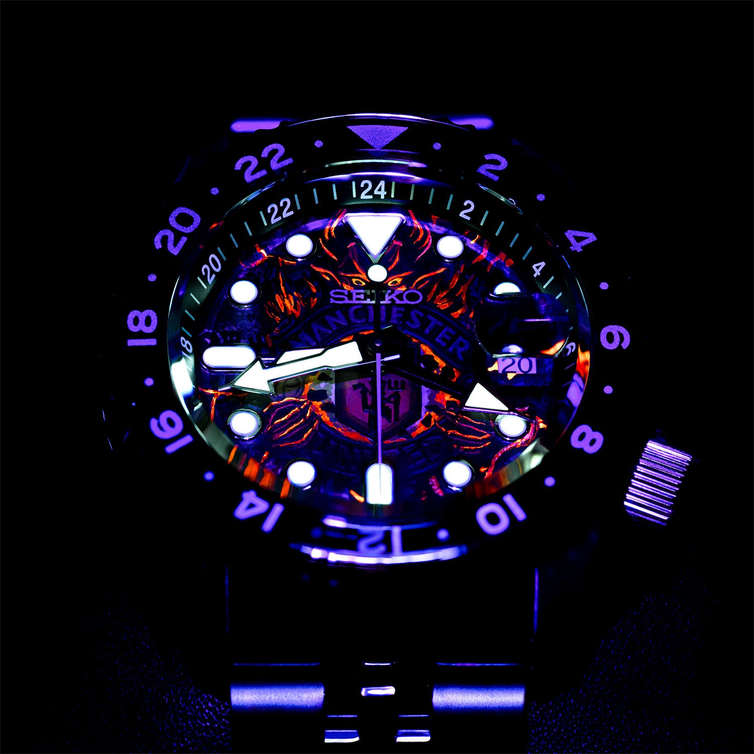 The Red Devils Concept — hand-painted custom GMT automatic featuring a fiery football crest with red and golden flames, a bespoke timepiece by IFL Watches.