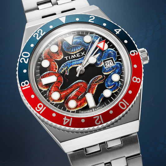 Timex Q GMT Twin Serpents – hand-painted custom limited-edition watch featuring red and blue serpents on the dial by IFL Watches, 38mm stainless steel case, and quartz movement with GMT.