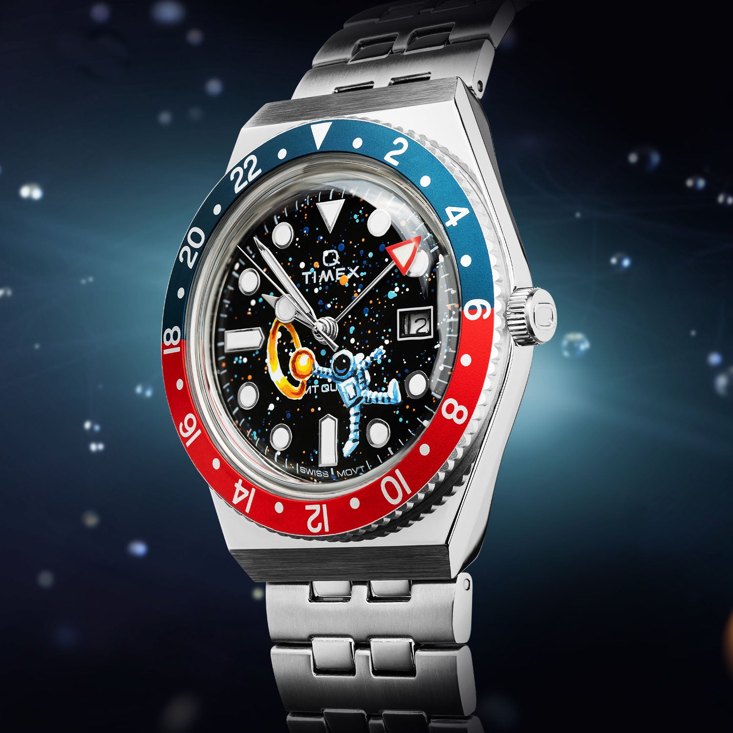 Timex Q Space Dunk – customized hand-painted Timex Q Diver GMT with Swiss movement, featuring an astronaut dunking a planet artwork, limited edition by IFL Watches.