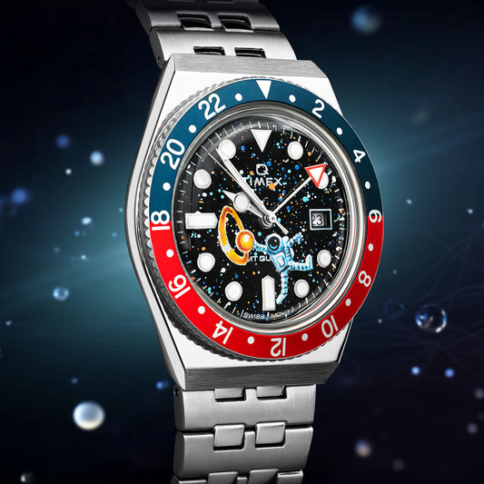 Timex Q Space Dunk – customized hand-painted Timex Q Diver GMT with Swiss movement, featuring an astronaut dunking a planet artwork, limited edition by IFL Watches.