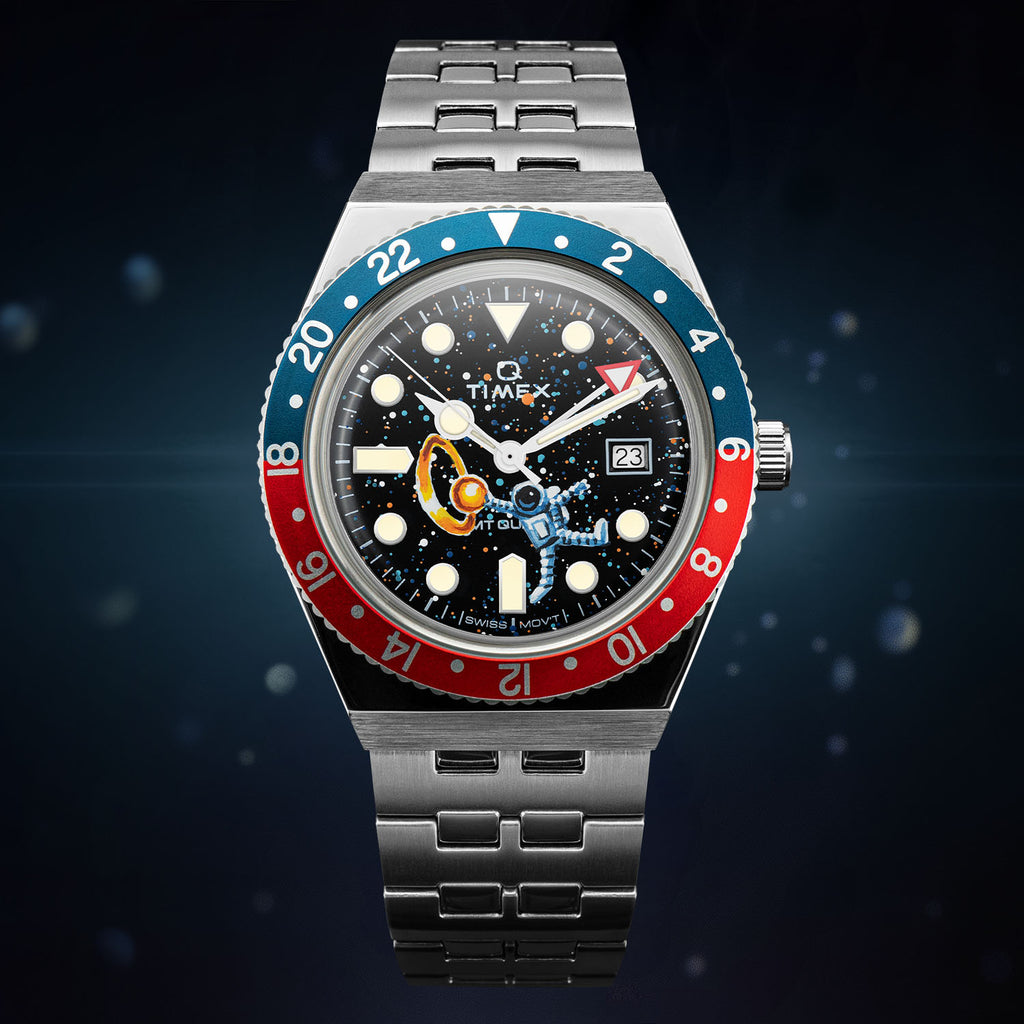 Timex Q Space Dunk – customized hand-painted Timex Q Diver GMT with Swiss movement, featuring an astronaut dunking a planet artwork, limited edition by IFL Watches.