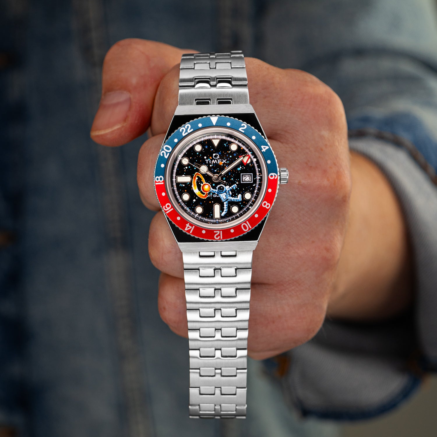 Timex Q Space Dunk – customized hand-painted Timex Q Diver GMT with Swiss movement, featuring an astronaut dunking a planet artwork, limited edition by IFL Watches.