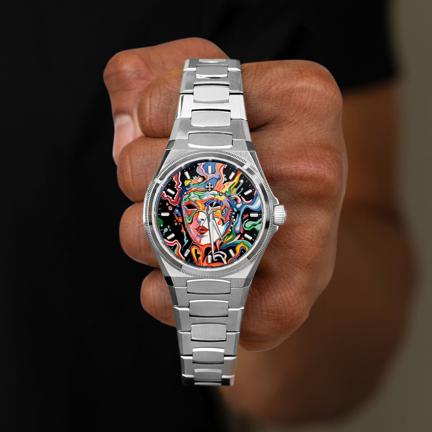 Venezianico Arsenale Arlecchino in hand - Hand-painted masked figure in swirling carnival colors, limited edition timepiece by IFL Watches