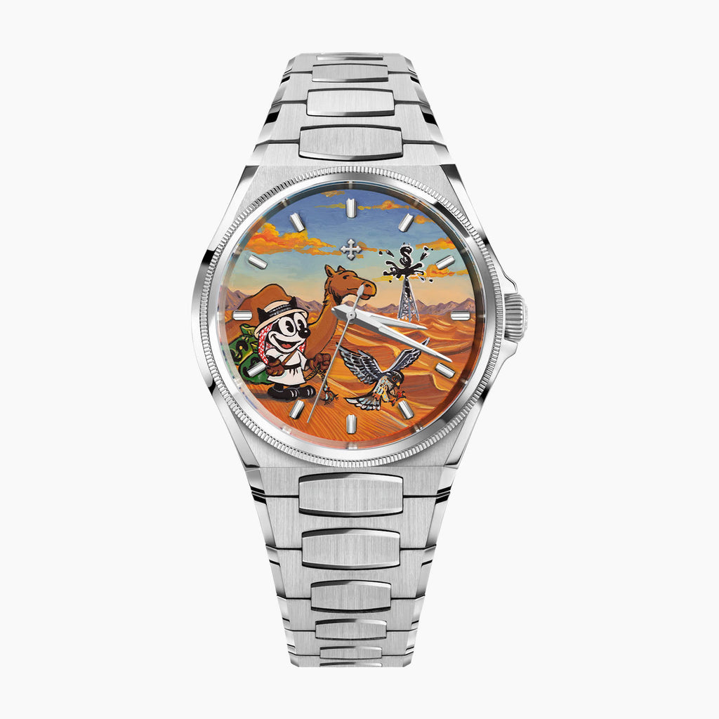 Venezianico Arsenale Legends of Arabia – Hand-painted custom dial featuring desert adventure with falcon and oil derrick, bespoke timepiece by IFL Watches