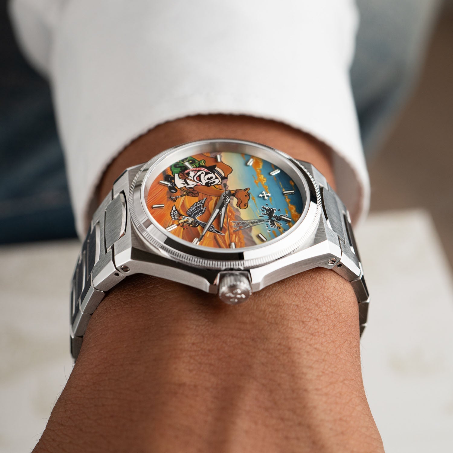 Venezianico Arsenale Legends of Arabia – Hand-painted custom dial featuring desert adventure with falcon and oil derrick, bespoke timepiece by IFL Watches