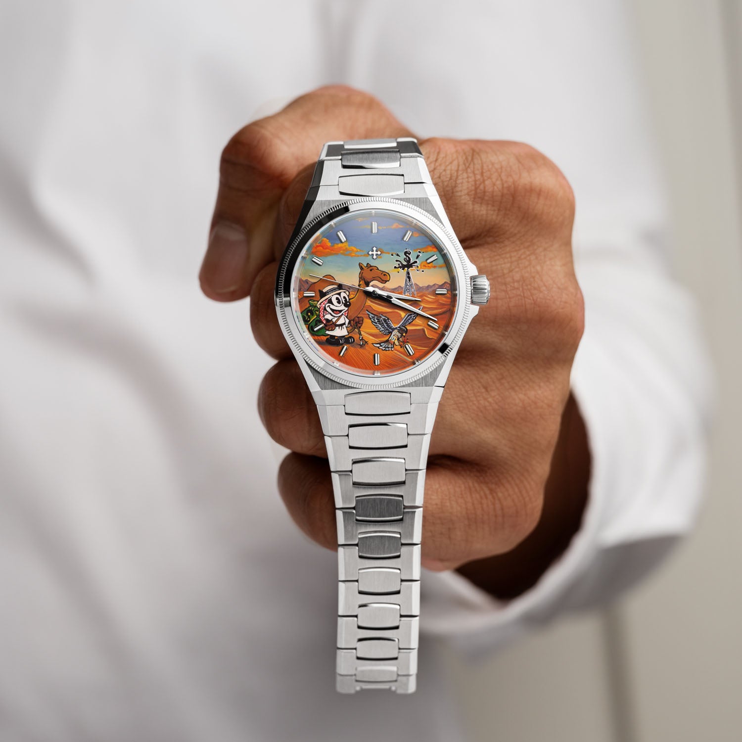 Venezianico Arsenale Legends of Arabia – Hand-painted custom dial featuring desert adventure with falcon and oil derrick, bespoke timepiece by IFL Watches