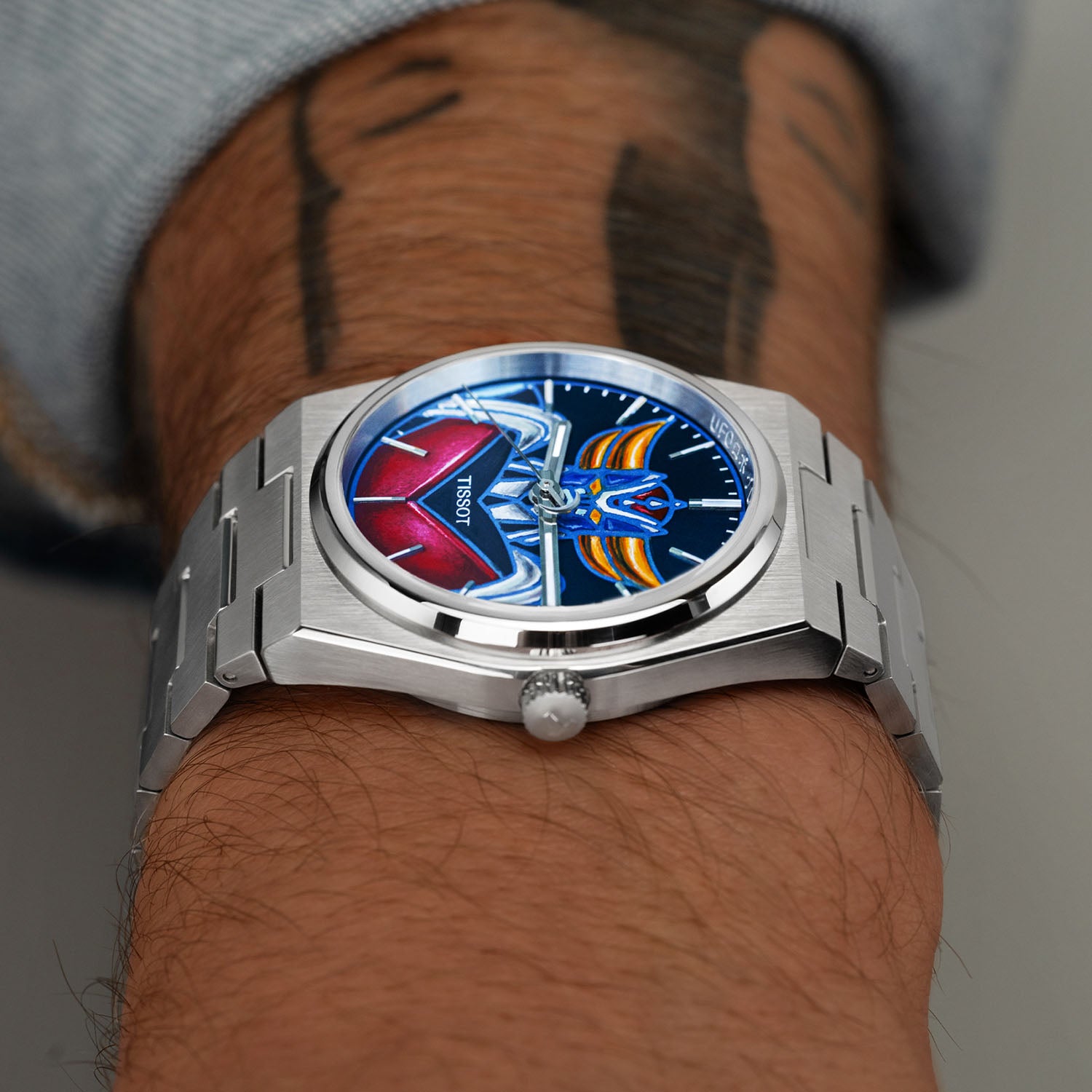 Tissot PRX Grendizer Concept – hand-painted custom Tissot PRX with vibrant Grendizer artwork by IFL Watches, 40mm stainless steel case, and Powermatic 80 movement