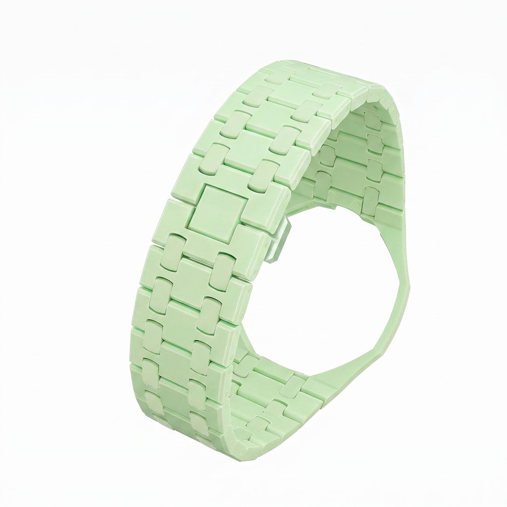 Blaue Acht Swatch × AP Royal Pop Ceramic Case-Strap — lime green ceramic link bracelet, side view, by IFL Watches