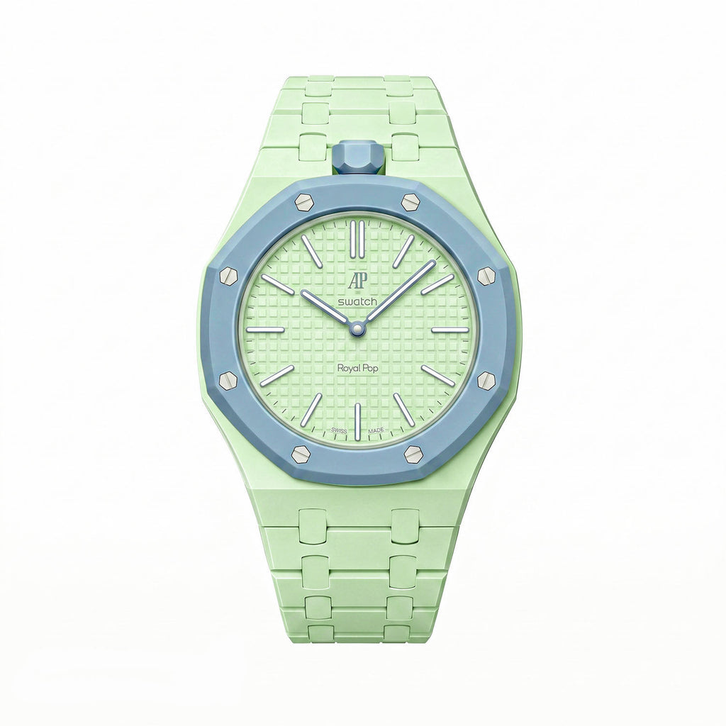 Blaue Acht Swatch × AP Royal Pop Ceramic Case-Strap — lime green with a light-blue bezel kit with the Royal Pop head seated in the case, by IFL Watches