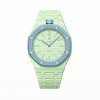 Blaue Acht Swatch × AP Royal Pop Ceramic Case-Strap — lime green with a light-blue bezel kit with the Royal Pop head seated in the case, by IFL Watches