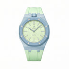 Blaue Acht Swatch × AP Royal Pop Rubber Case-Strap — lime green with a light-blue bezel kit with the Royal Pop head seated in the case, by IFL Watches