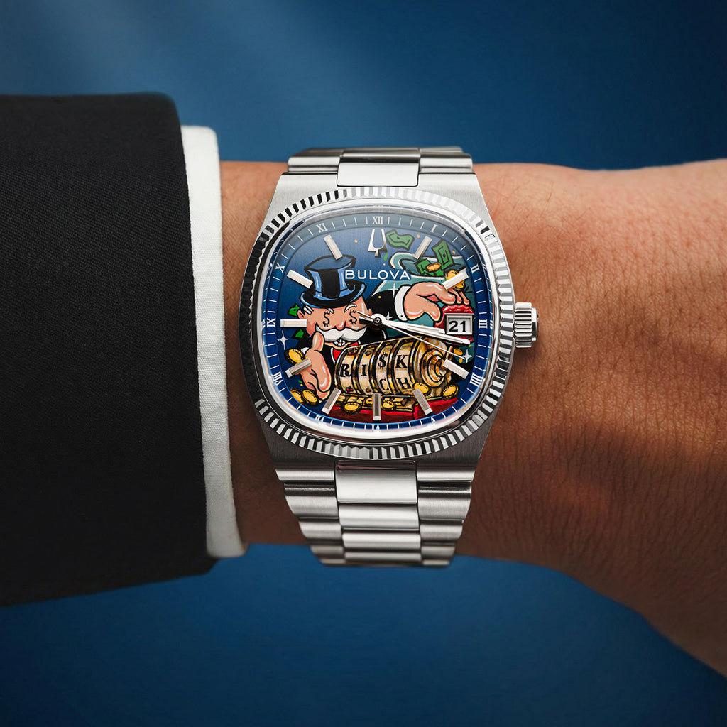 Bulova Super Seville Risky Riches – Hand-painted custom dial featuring vibrant artwork with flying bills and golden coins, limited edition bespoke timepiece by IFL Watches