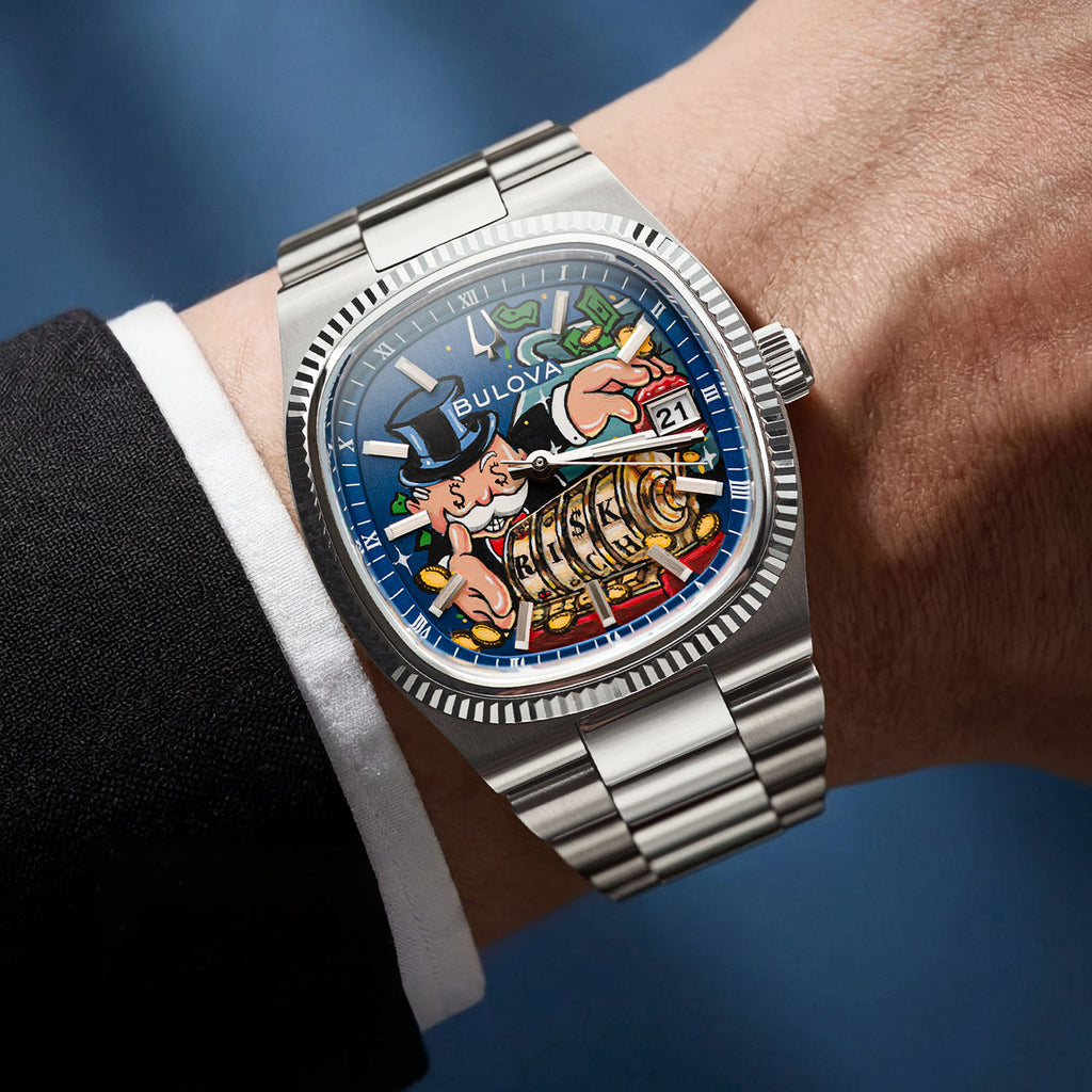 Bulova Super Seville Risky Riches – Hand-painted custom dial featuring vibrant artwork with flying bills and golden coins, limited edition bespoke timepiece by IFL Watches