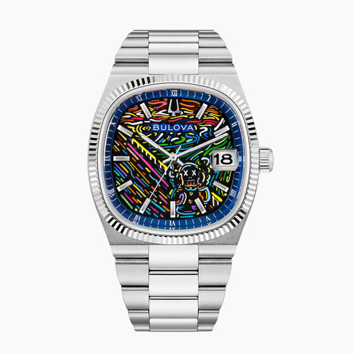 Bulova Super Seville Scream — Front view of the hand-painted pop art take on The Scream, set in a 37.5mm steel case with a coin-edge bezel and integrated bracelet, limited edition timepiece by IFL Watches