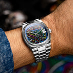 Bulova Super Seville Scream — Angled wrist shot showing the TV-shaped case and a dial of swirling color, limited edition timepiece by IFL Watches
