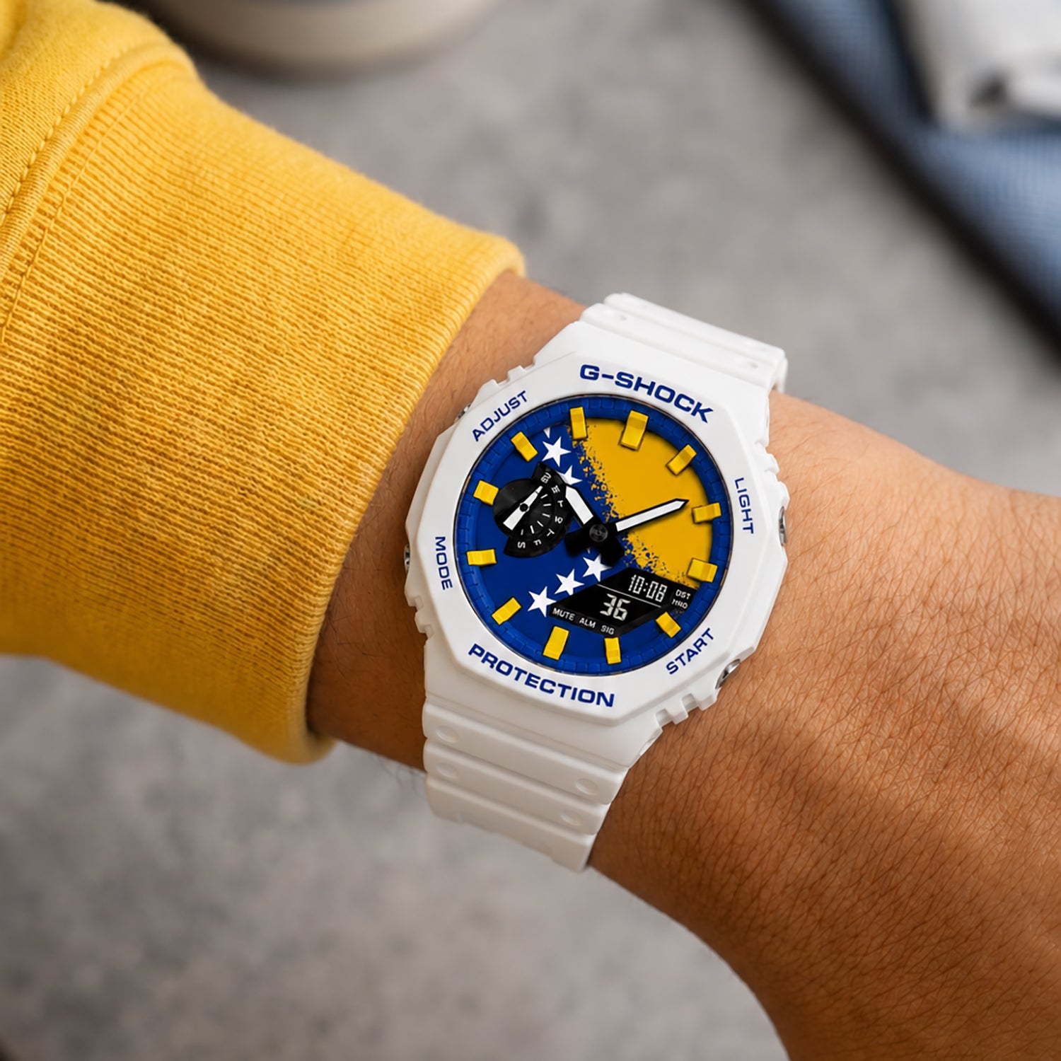 Casio G-Shock Bosnia flag watch worn on the wrist, by IFL Watches