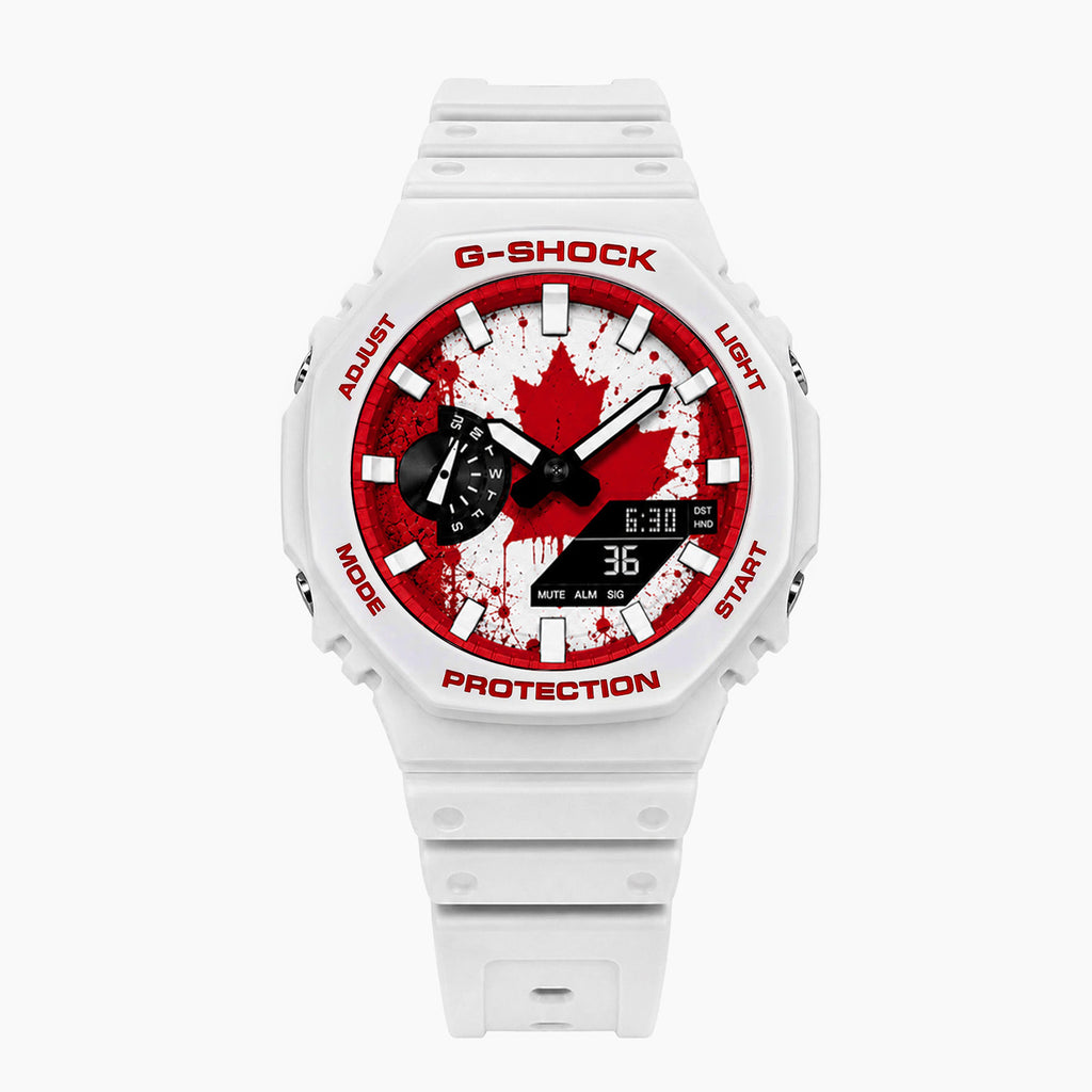 Casio G-Shock Canada — white custom G-Shock with the Canada flag dial, by IFL Watches