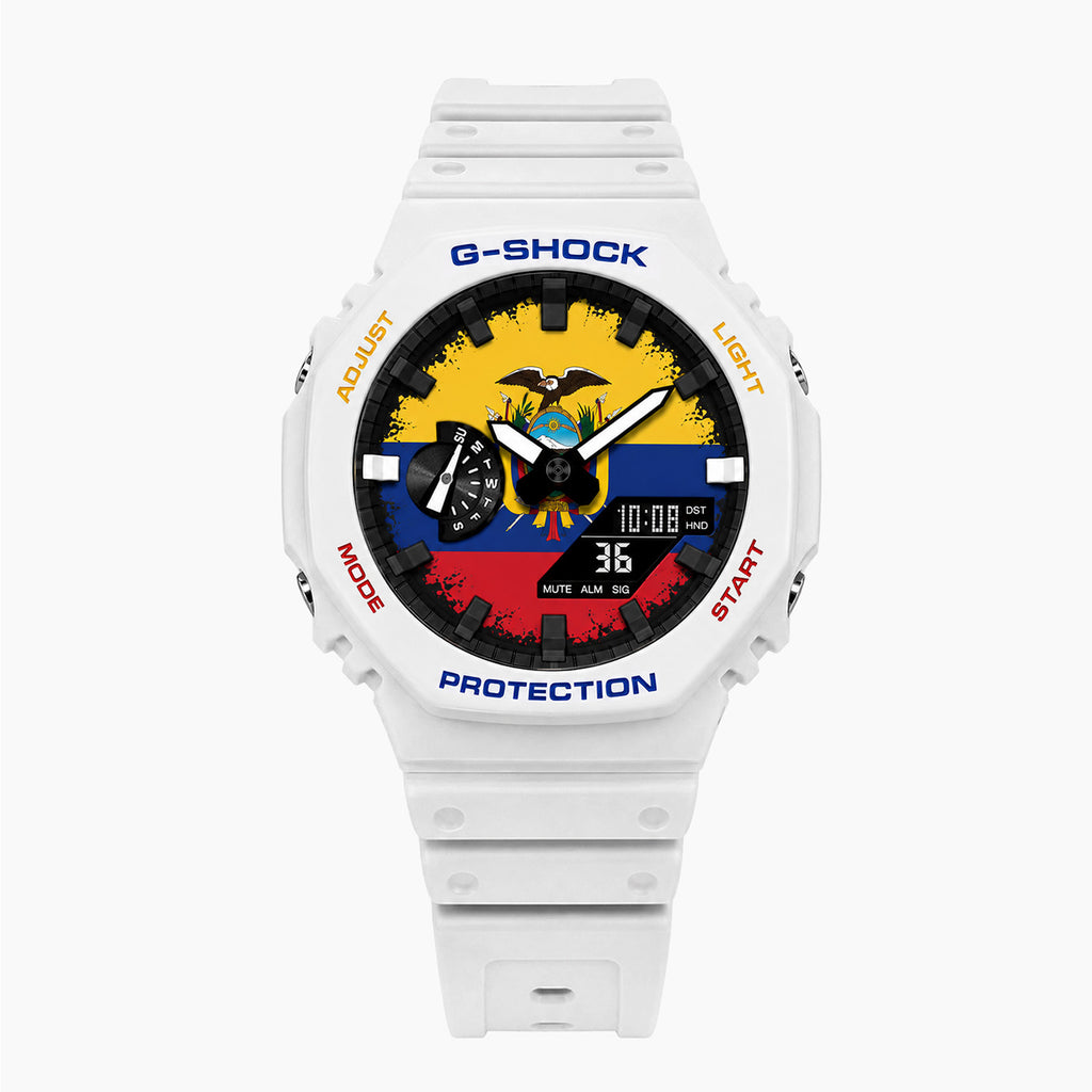 Casio G-Shock Ecuador — white custom G-Shock with the Ecuador flag dial, by IFL Watches