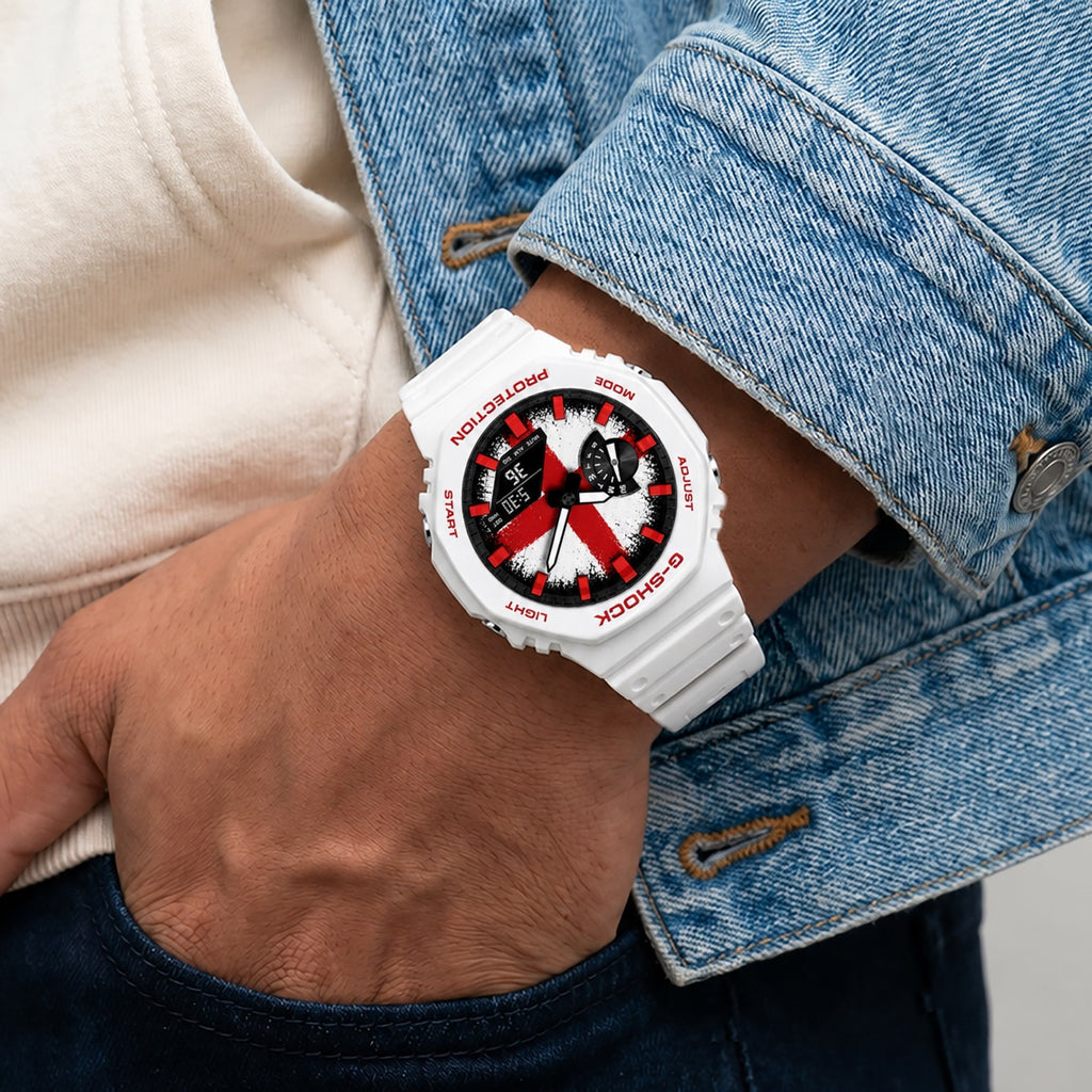 Casio G-Shock England flag watch worn on the wrist, by IFL Watches
