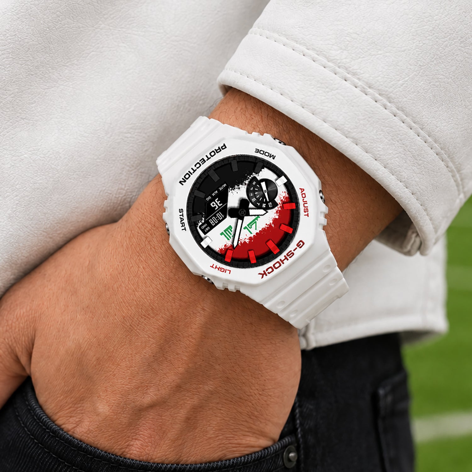 Casio G-Shock Iraq flag watch worn on the wrist, by IFL Watches