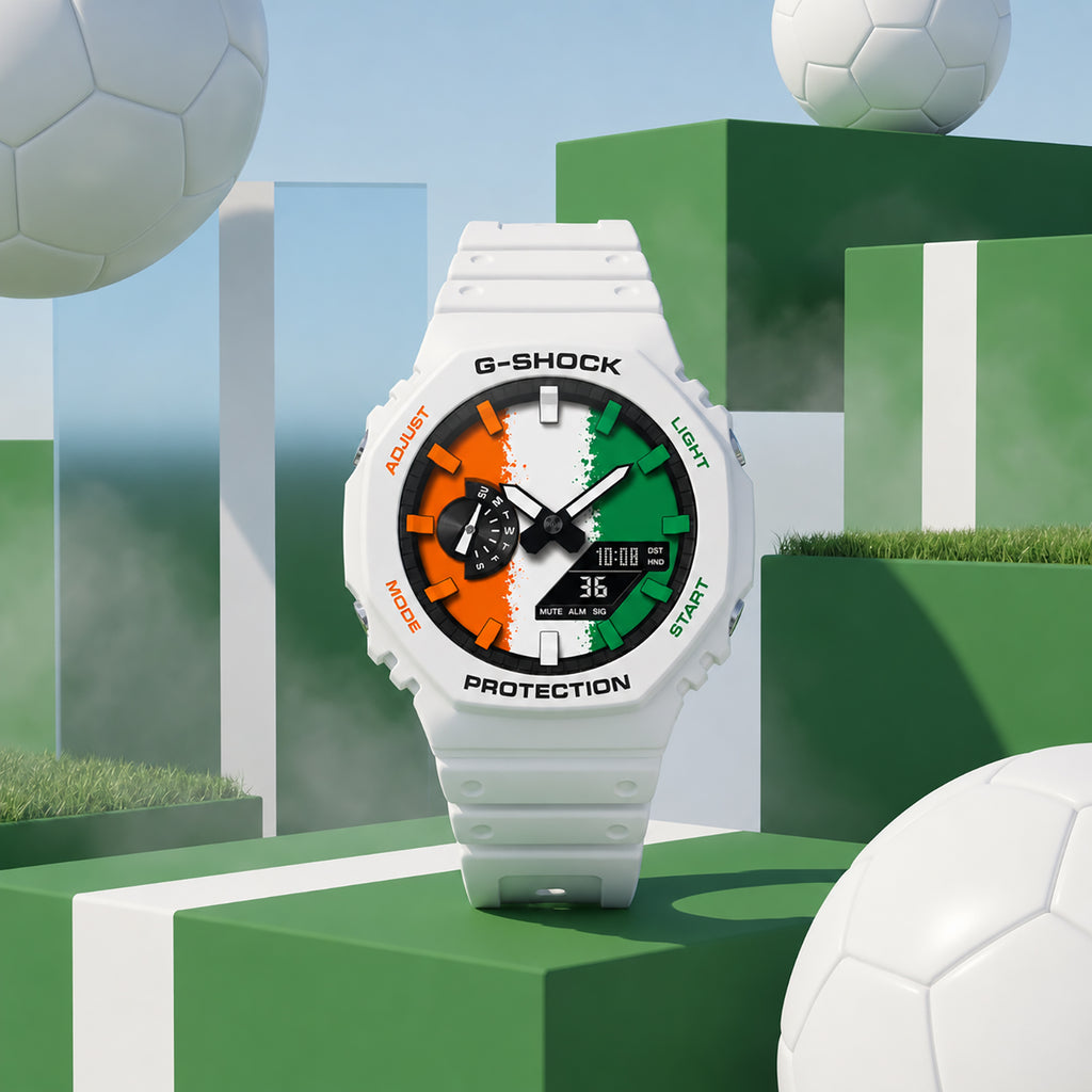 Custom Ivory Coast flag Casio G-Shock on the wrist, by IFL Watches