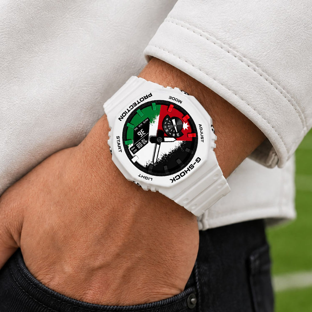 Casio G-Shock Jordan flag watch worn on the wrist, by IFL Watches