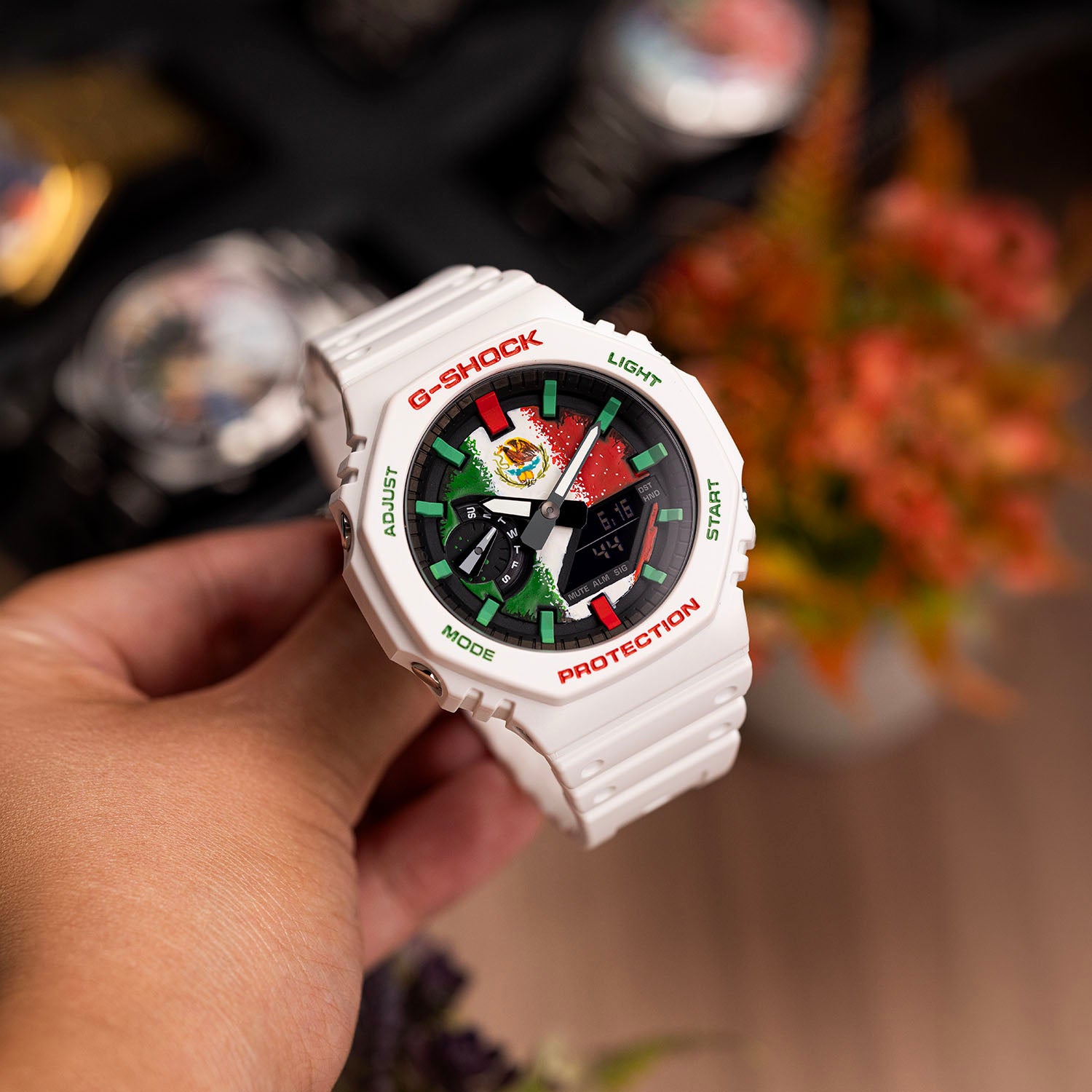 Casio G-Shock Mexico — custom Mexico flag G-Shock lifestyle shot, by IFL Watches