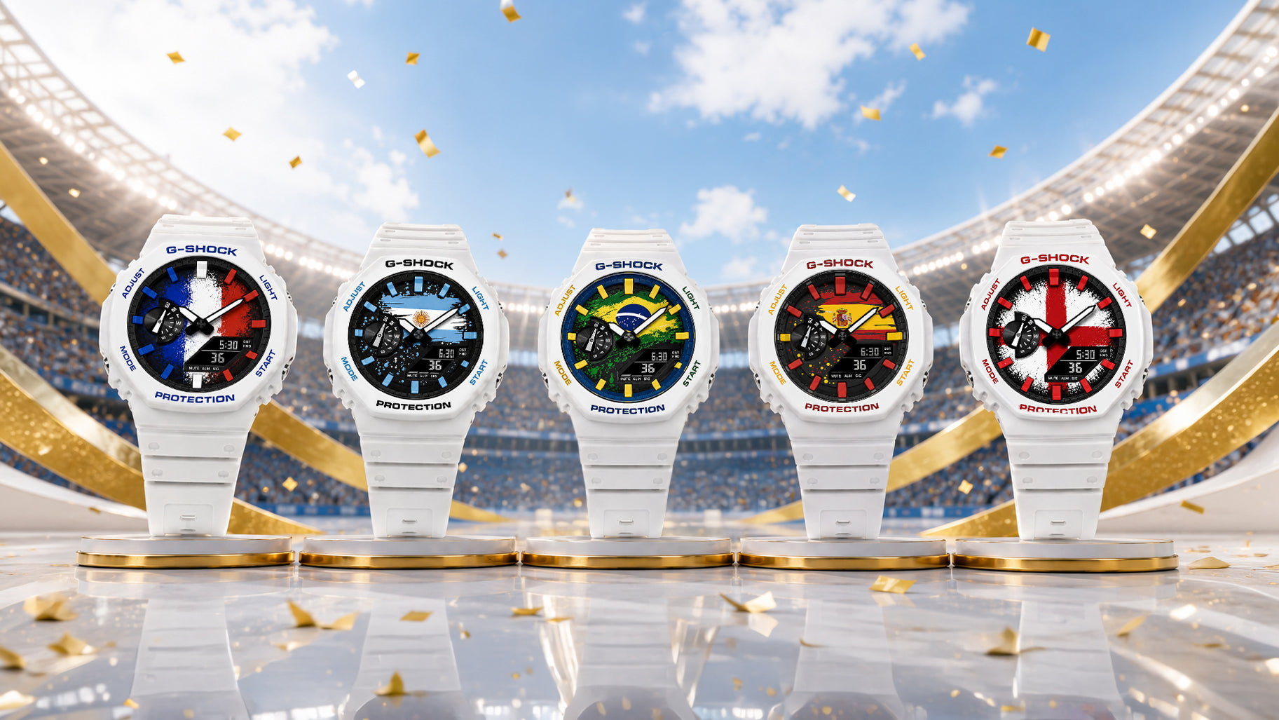 A row of custom Casio G-Shock watches with national flag dials from around the world, The Nations Series by IFL Watches