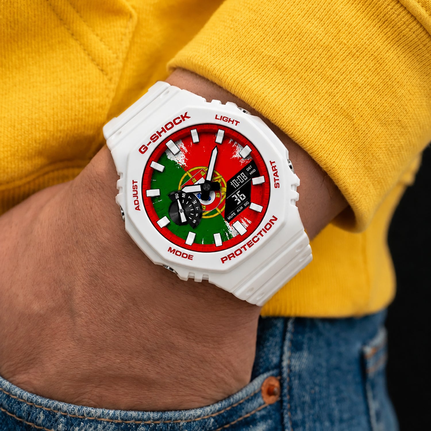 Casio G-Shock Portugal flag watch worn on the wrist, by IFL Watches