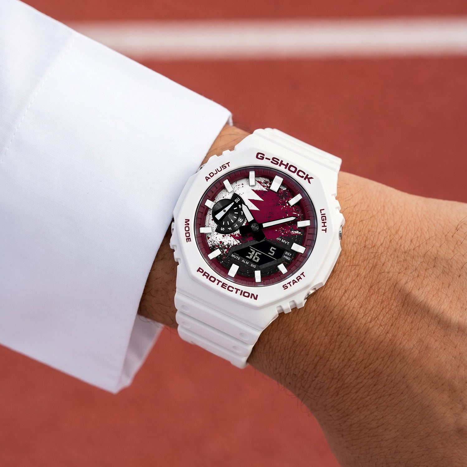 Casio G-Shock Qatar flag watch worn on the wrist, by IFL Watches